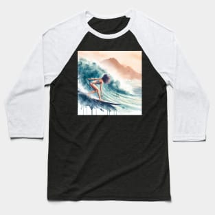 Abstract looking illustration of a woman surfing in a bikini in tropical waters. Baseball T-Shirt